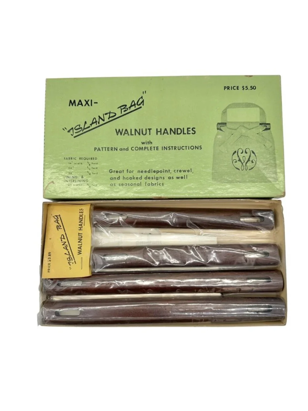 Vtg Maxi Island Bag Walnut Handles X2 With Pattern and Instructions Original Box